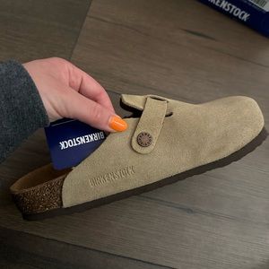 Birkenstock Bostons Size 37 Suede Taupe Soft Footbed